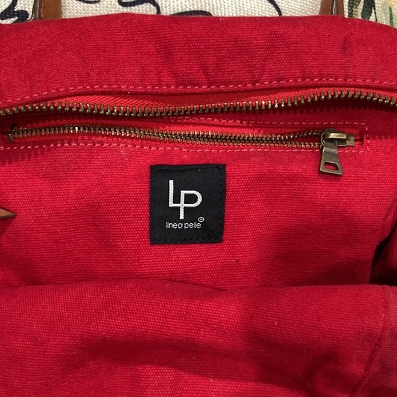 Linea Pelle Large Red Canvas & Brown Leather Tote - Picture 2 of 3